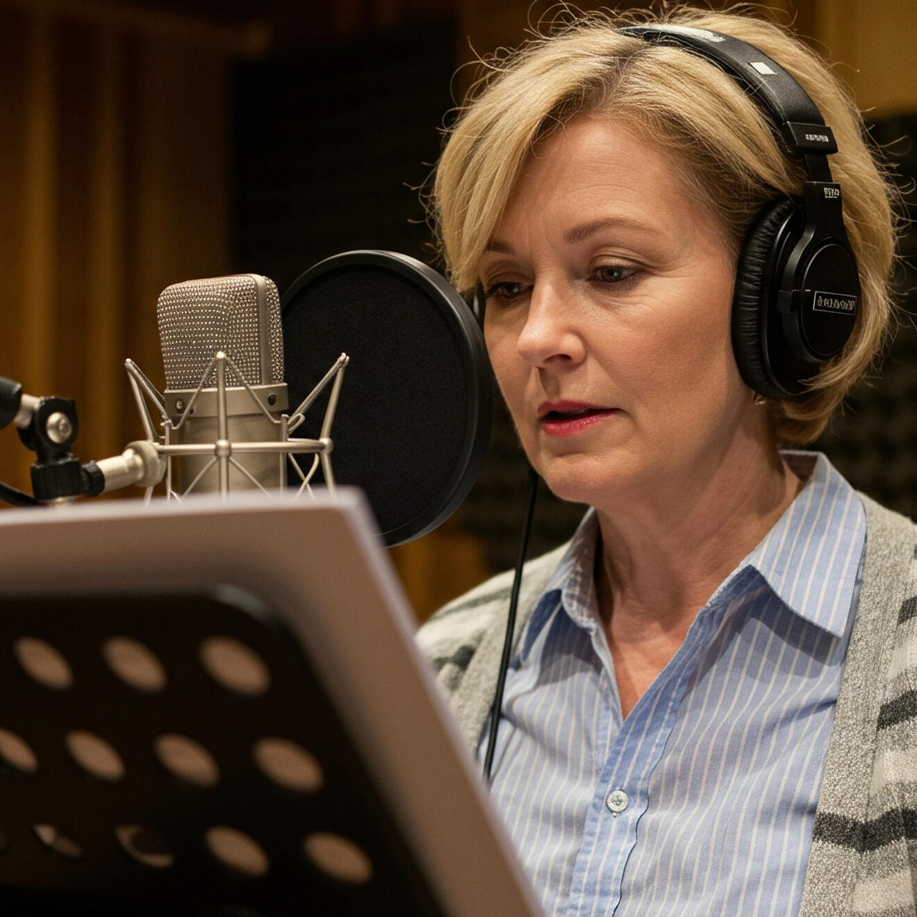 Professional Female Voiceover Artist Recording Corporate Voiceover in Studio Professional female voiceover artist recording corporate voiceover audio in a studio using microphone and script